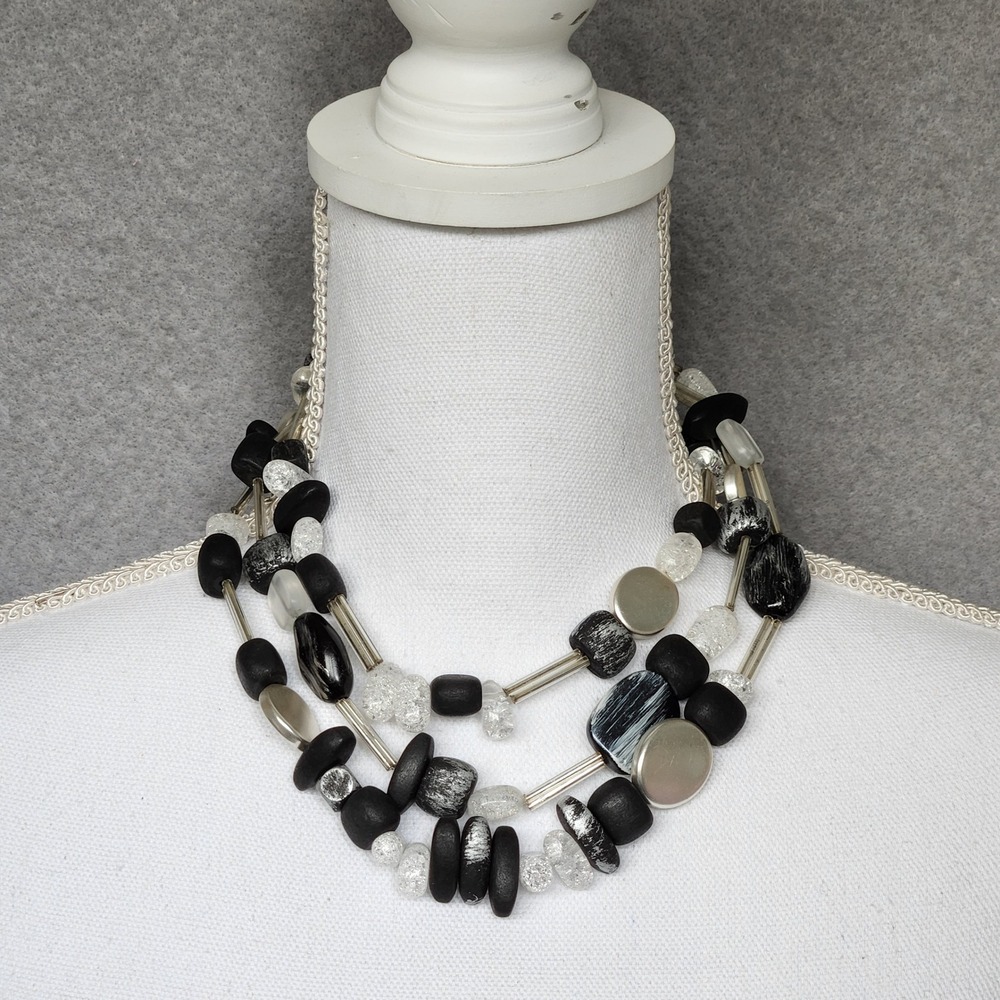 Chico's Statement Choker Necklace 3 Layer Black‎ Silver Frosted 15" Adjustable